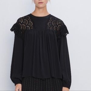 ZARA BLACK EMBROIDERED PESANT TOP SIZE XL .